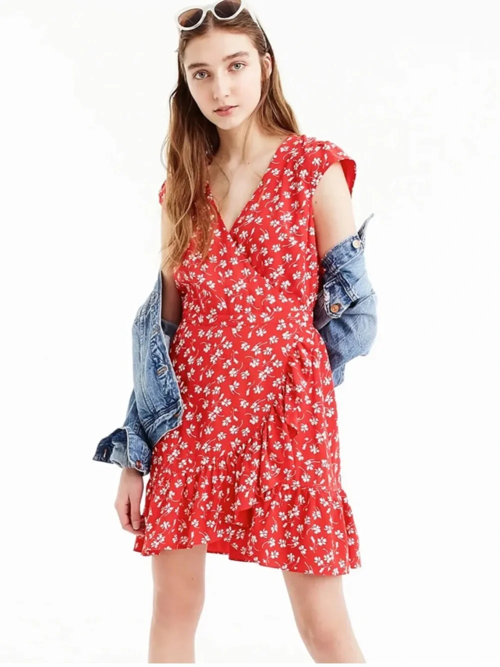 J.Crew Mercantile red floral faux-wrap dress with a ruffled hem